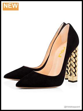 FSJ Women Gold Metal Chain Chunky High Heel Pointed Toe Slip On Fashion Party